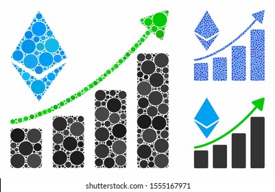 Ethereum growth trend composition of small circles in variable sizes and shades, based on Ethereum growth trend icon. Vector small circles are united into blue composition.