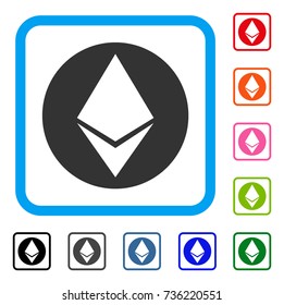 Ethereum icon. Flat grey iconic symbol inside a light blue rounded frame. Black, gray, green, blue, red, orange color versions of Ethereum vector. Designed for web and app interfaces.