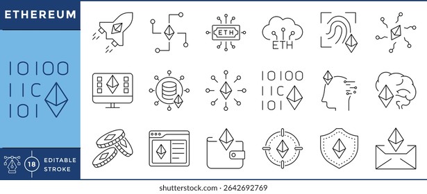Ethereum icons set. 18 line icons. Vector editable stroke. Digital, currency, coins, money, intelligence, finance.