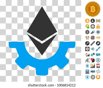 Ethereum Industry Gear pictograph with bonus bitcoin mining and blockchain pictograms. Vector illustration style is flat iconic symbols. Designed for bitcoin software.