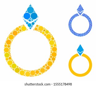 Ethereum jewelry ring composition of round dots in variable sizes and color tints, based on Ethereum jewelry ring icon. Vector dots are organized into blue composition.
