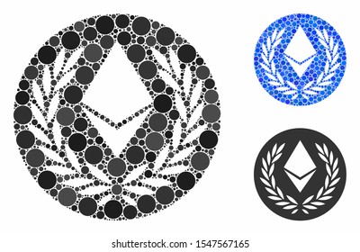 Ethereum laurel coin composition of small circles in variable sizes and color tones, based on Ethereum laurel coin icon. Vector small circles are organized into blue mosaic.