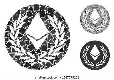 Ethereum laurel coin mosaic of bumpy parts in variable sizes and color tints, based on Ethereum laurel coin icon. Vector bumpy pieces are united into mosaic.