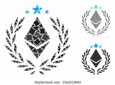 Ethereum laurel wreath composition of joggly items in different sizes and color tints, based on Ethereum laurel wreath icon. Vector rough items are united into composition.