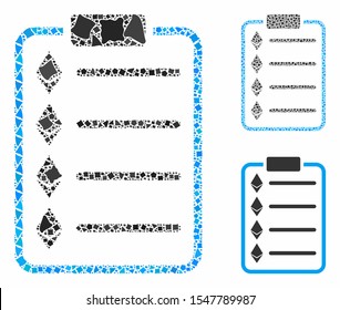 Ethereum list pad composition of tremulant items in variable sizes and shades, based on Ethereum list pad icon. Vector tremulant dots are united into collage.