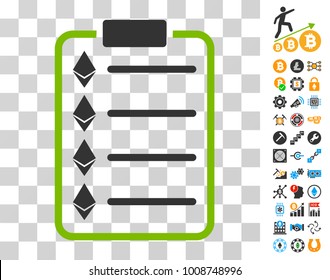 Ethereum List Pad icon with bonus bitcoin mining and blockchain icons. Vector illustration style is flat iconic symbols. Designed for cryptocurrency websites.