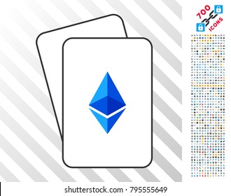 Ethereum Lite playing cards icon with 700 bonus bitcoin mining and blockchain pictures. Flat vector icons for gambling and crypto- currency websites.