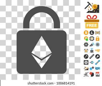 Ethereum Lock pictograph with bonus bitcoin mining and blockchain pictures. Vector illustration style is flat iconic symbols. Designed for crypto currency software.