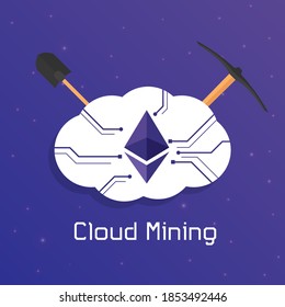 Logo del eéreo en la nube blanca con circuitos. Fondo de gradiente morado y violeta. Concepto de minería de moneda criptográfica.