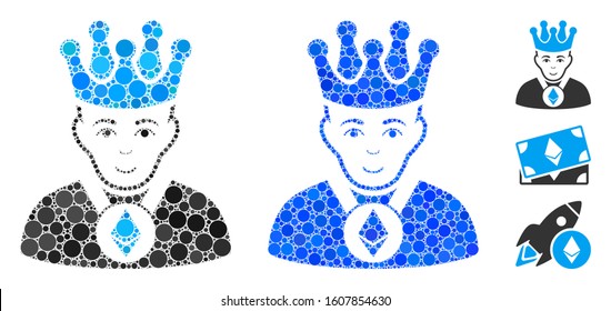 Ethereum lord mosaic of round dots in various sizes and color hues, based on Ethereum lord icon. Vector dots are composed into blue mosaic. Dotted Ethereum lord icon in usual and blue versions.