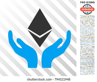 Ethereum Maintenance Hands icon with 700 bonus bitcoin mining and blockchain symbols. Vector illustration style is flat iconic symbols design for crypto currency apps.
