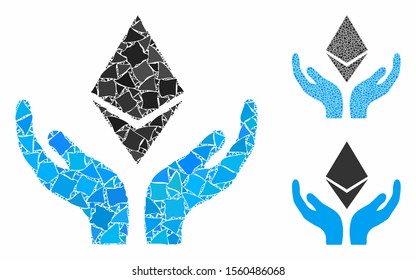 Ethereum maintenance hands mosaic of joggly pieces in variable sizes and shades, based on Ethereum maintenance hands icon. Vector inequal dots are composed into mosaic.