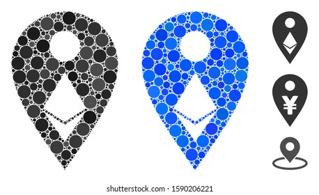 Ethereum map marker composition of circle elements in various sizes and shades, based on Ethereum map marker icon. Vector circle elements are united into blue mosaic.