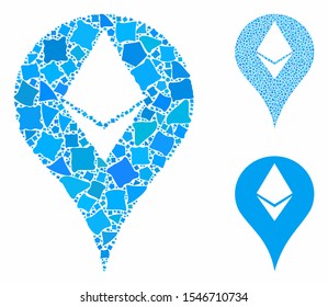 Ethereum map marker composition of inequal elements in various sizes and color tones, based on Ethereum map marker icon. Vector uneven elements are combined into collage.
