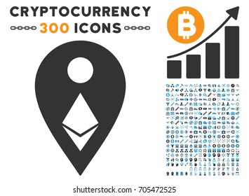 Ethereum Map Marker icon with 300 blockchain, cryptocurrency, ethereum, smart contract graphic icons. Vector pictograph collection style is flat iconic symbols.