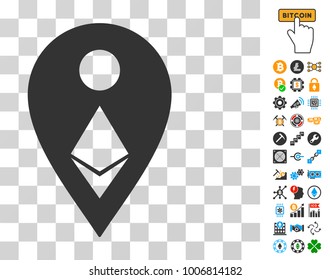 Ethereum Map Marker icon with bonus bitcoin mining and blockchain design elements. Vector illustration style is flat iconic symbols. Designed for cryptocurrency apps.