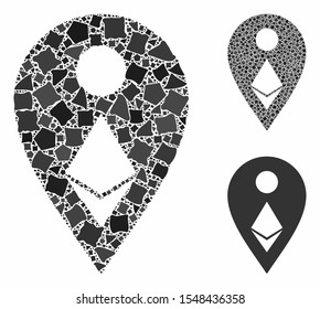 Ethereum map marker mosaic of uneven elements in variable sizes and color tinges, based on Ethereum map marker icon. Vector uneven elements are composed into mosaic.