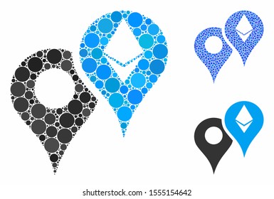 Ethereum map markers mosaic of circle elements in various sizes and color tints, based on Ethereum map markers icon. Vector circle elements are grouped into blue composition.