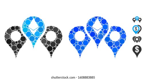 Ethereum map pointers composition of filled circles in variable sizes and color hues, based on Ethereum map pointers icon. Vector filled circles are united into blue composition.