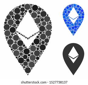 Ethereum marker mosaic of circle elements in various sizes and color tones, based on Ethereum marker icon. Vector dots are composed into blue mosaic.