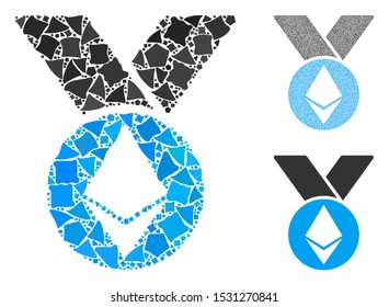 Ethereum medal with ribbons mosaic of inequal parts in different sizes and color tones, based on Ethereum medal with ribbons icon. Vector inequal elements are organized into mosaic.
