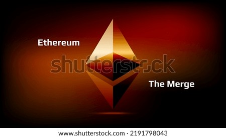 Ethereum The Merge system ETH golden symbol on dark red background. Ethereum ETH will merge with Beacon Chain proof of stake system PoS. Vector illustration.
