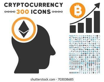 Ethereum Mind Head icon with 300 blockchain, cryptocurrency, ethereum, smart contract symbols. Vector clip art style is flat iconic symbols.