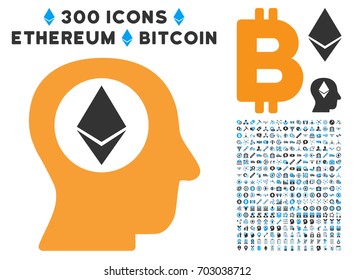 Ethereum Mind icon with 300 blockchain, cryptocurrency, ethereum, smart contract graphic icons. Vector pictograph collection style is flat iconic symbols.