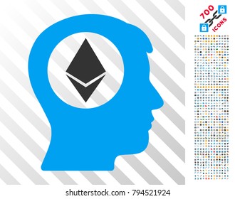 Ethereum Mind icon with 700 bonus bitcoin mining and blockchain icons. Vector illustration style is flat iconic symbols design for crypto-currency websites.