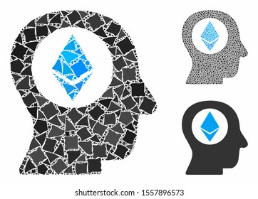 Ethereum mind mosaic of raggy elements in various sizes and shades, based on Ethereum mind icon. Vector irregular elements are combined into mosaic. Ethereum mind icons collage with dotted pattern.