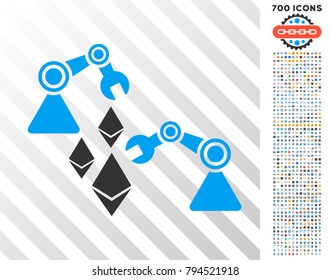 Ethereum Mine Robotics pictograph with 7 hundred bonus bitcoin mining and blockchain icons. Vector illustration style is flat iconic symbols design for cryptocurrency software.