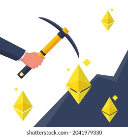Ethereum mining concept. Pickaxe in hand produces digital coins in the mountain. Vector illustration flat design. Isolated on white background. 