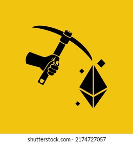 Ethereum mining concept. Pickaxe in hand produces digital coins in the mountain. Vector illustration flat design. Isolated on white background. 