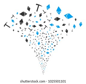 Ethereum Mining Hammer explosion fountain. Vector illustration style is flat iconic symbols. Object fountain made from random pictograms as ethereum mining hammer fireworks.