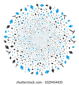 Ethereum Mining Hammer explosion spheric cluster. Object pattern constructed from scattered ethereum mining hammer symbols as explosion cluster. Vector illustration style is flat iconic symbols.