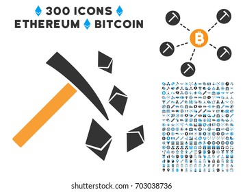 Ethereum Mining Hammer icon with 300 blockchain, bitcoin, ethereum, smart contract pictograms. Vector illustration style is flat iconic symbols.