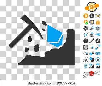Ethereum Mining Hammer icon with bonus bitcoin mining and blockchain pictographs. Vector illustration style is flat iconic symbols. Designed for blockchain software.