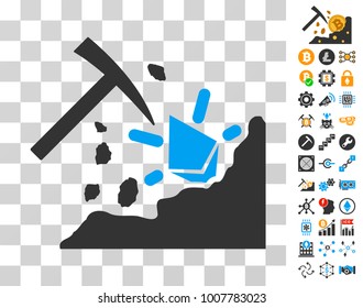 Ethereum Mining Hammer icon with bonus bitcoin mining and blockchain pictures. Vector illustration style is flat iconic symbols. Designed for crypto currency websites.