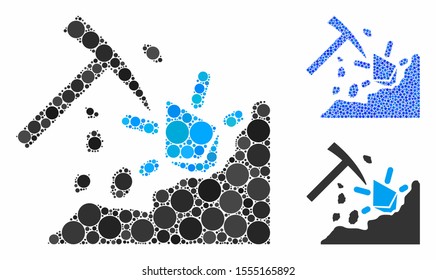 Ethereum mining hammer mosaic of circle elements in different sizes and color hues, based on Ethereum mining hammer icon. Vector circle elements are grouped into blue illustration.
