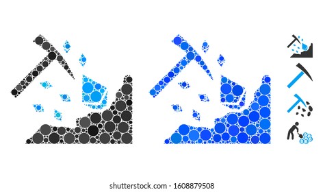 Ethereum mining hammer mosaic of circle elements in variable sizes and color hues, based on Ethereum mining hammer icon. Vector circle elements are united into blue collage.