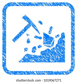 Ethereum Mining Hammer rubber seal stamp imitation. Icon vector symbol with grunge design and dust texture inside rounded squared frame. Scratched blue emblem on a white background.