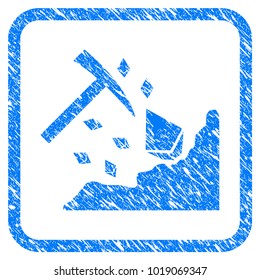 Ethereum Mining Hammer rubber seal stamp imitation. Icon vector symbol with grunge design and unclean texture in rounded squared frame. Scratched blue emblem on a white background.