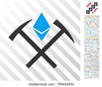Ethereum Mining Hammers icon with 7 hundred bonus bitcoin mining and blockchain icons. Vector illustration style is flat iconic symbols designed for cryptocurrency websites.