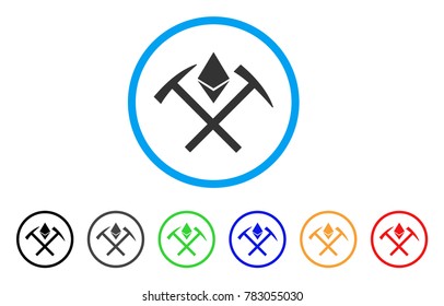 Ethereum Mining Hammers rounded icon. Style is a flat grey symbol inside light blue circle with bonus colored versions. Ethereum Mining Hammers vector designed for web and software interfaces.