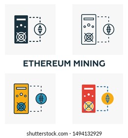 Ethereum Mining icon set. Four elements in diferent styles from crypto currency icons collection. Creative ethereum mining icons filled, outline, colored and flat symbols.