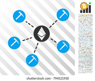 Ethereum Mining Pool icon with 7 hundred bonus bitcoin mining and blockchain design elements. Vector illustration style is flat iconic symbols design for bitcoin websites.