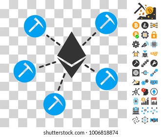 Ethereum Mining Pool icon with bonus bitcoin mining and blockchain pictures. Vector illustration style is flat iconic symbols. Designed for bitcoin websites.