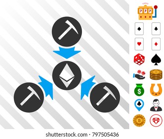 Ethereum Mining Pool icon with bonus gamble graphic icons. Vector illustration style is flat iconic symbols. Designed for gambling software.