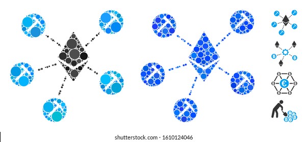 Ethereum mining pool mosaic of spheric dots in variable sizes and color tinges, based on Ethereum mining pool icon. Vector round dots are composed into blue mosaic.