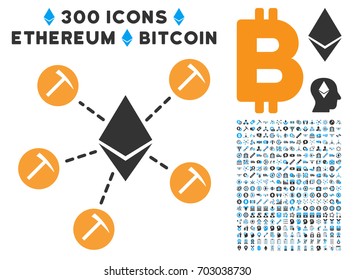 Ethereum Mining Pool pictograph with 300 blockchain, bitcoin, ethereum, smart contract symbols. Vector illustration style is flat iconic symbols.